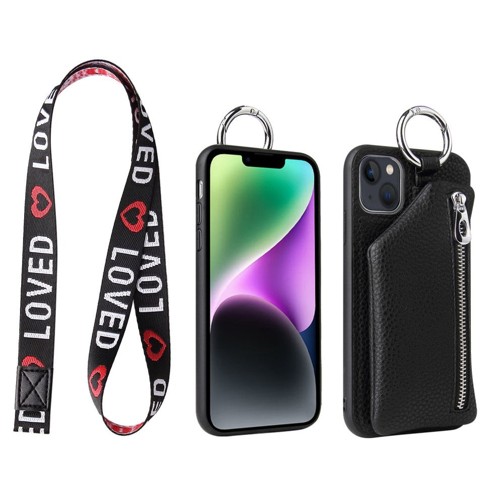 iPhone 14 Plus leather wallet case with zipper pocket