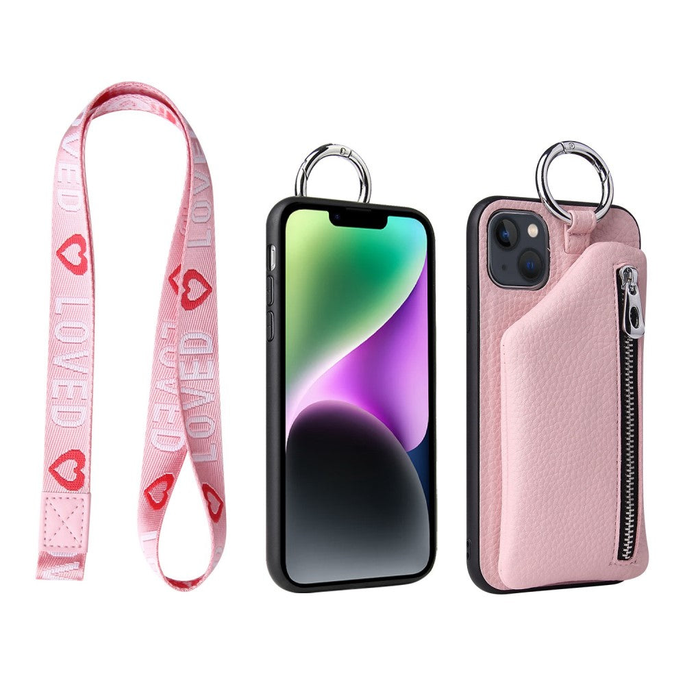 iPhone 14 Plus leather wallet case with zipper pocket